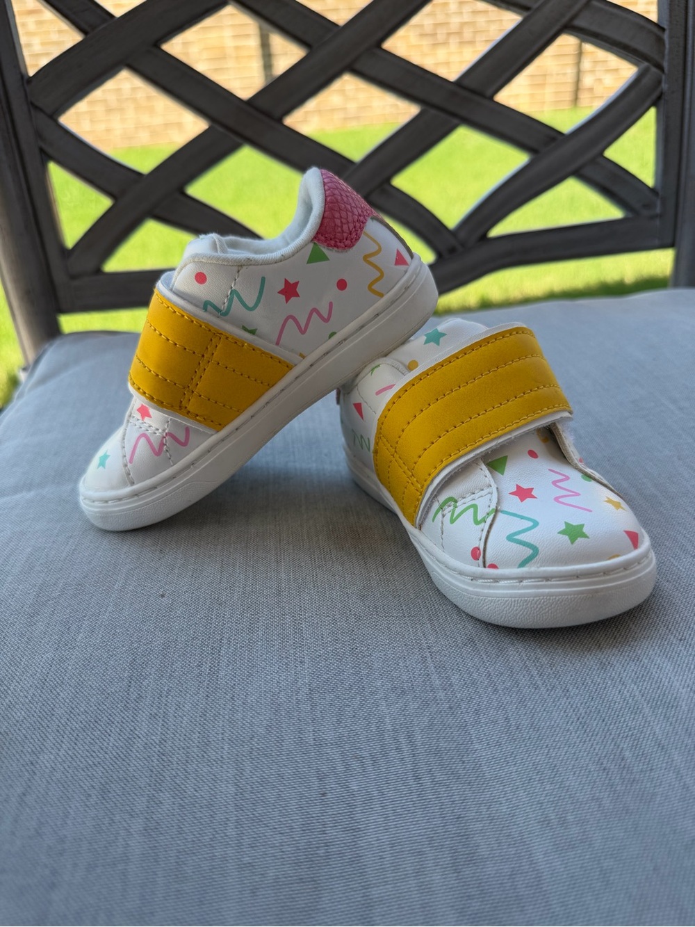 Cat & Jack White Sneakers with Yellow Strap and Pink Heel Accent